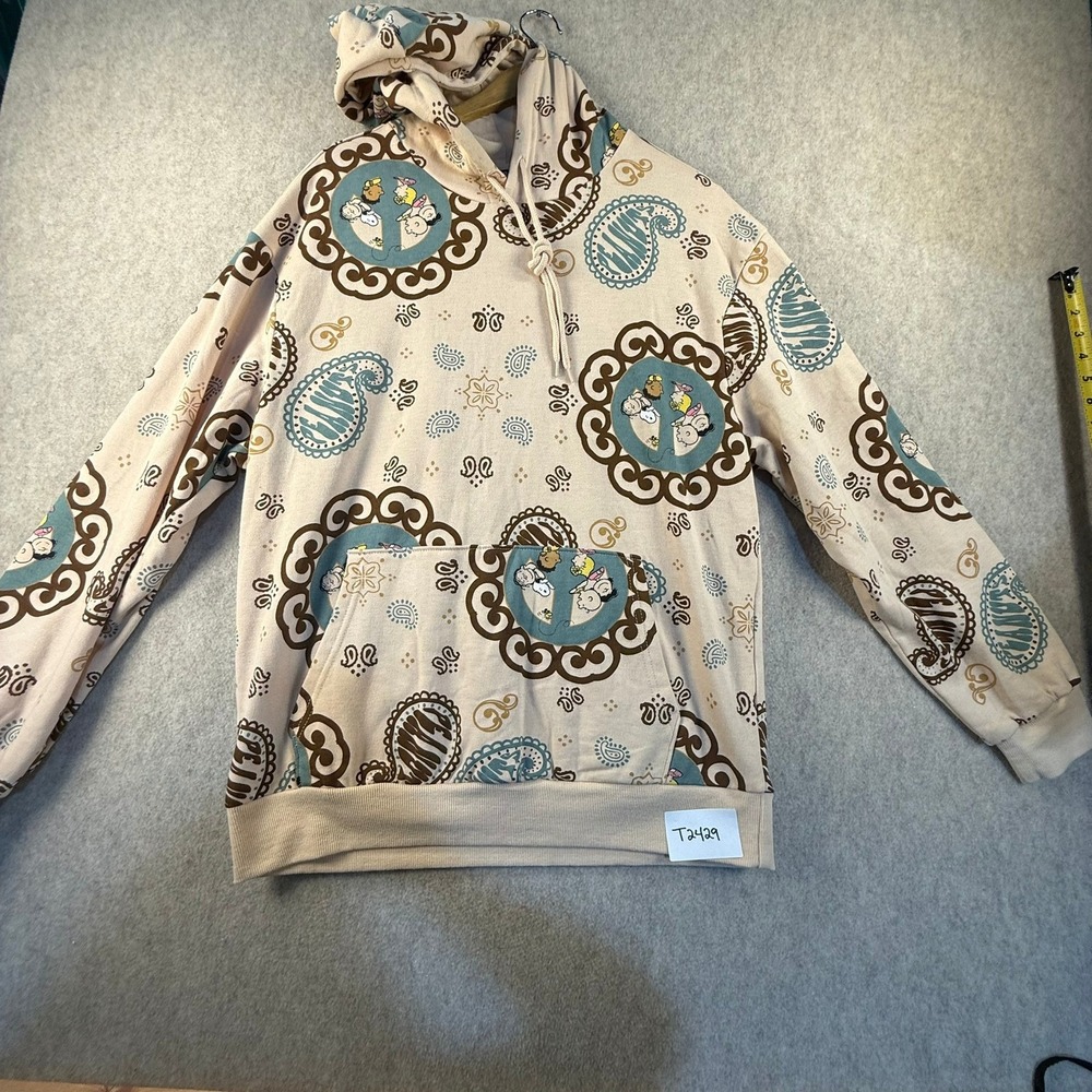 Peanuts Snoopy Woodstock Paisley Peace Sign Hoodie Cream Mens Medium